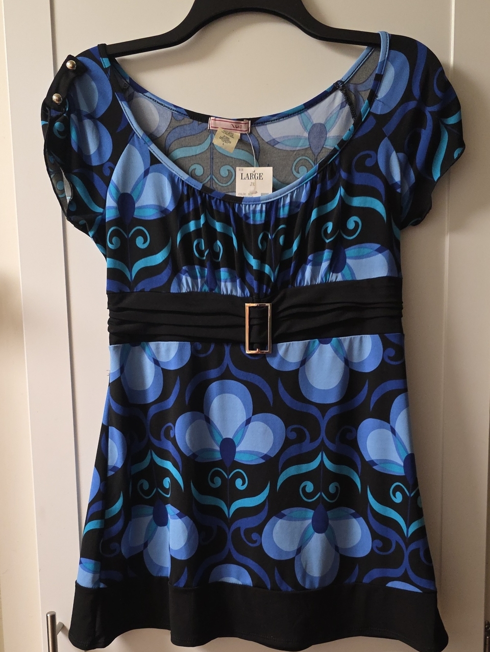 Vol 1 Scoop-Neck Floral Print Tunic with Waist Belt - Blue Size L